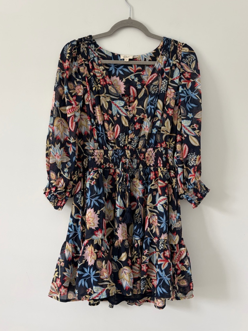 Elan Blue Pink Floral Long Sleeve Smocked Waist V Neck Boho Mini Dress M